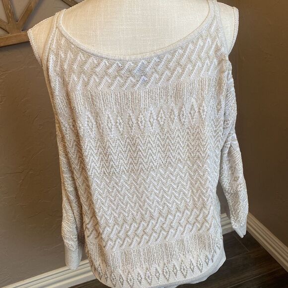 White House Black Market Knit Cream Gold Sparkle Cold Shoulder Sweater Sz Large - Picture 5 of 13
